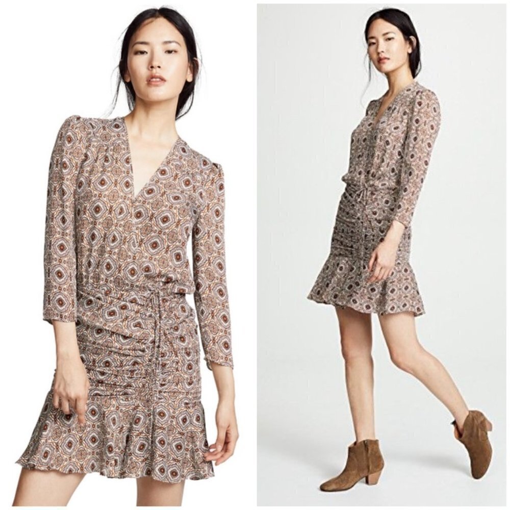 💕VERONICA BEARD💕 Alamo Printed Ruched 100% Silk Dress ~ Rust/Ivory 10 NWOT